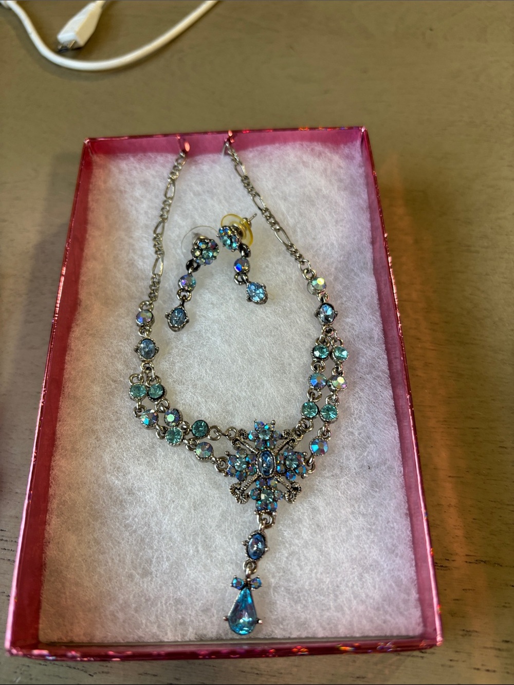 Blue Crystal Drop Necklace and Earrings Set